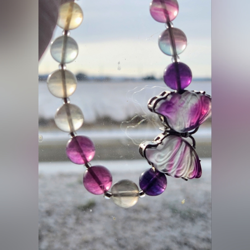 Handmade Genuine Candy Fluorite Butterfly Charm Beaded Crystal Bracelet - Picture 8 of 10